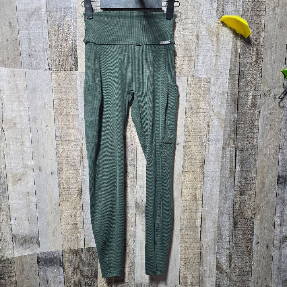Bombshell Sportswear Green Ribbed Athletic Workout Leggings Small Gym Athleisure